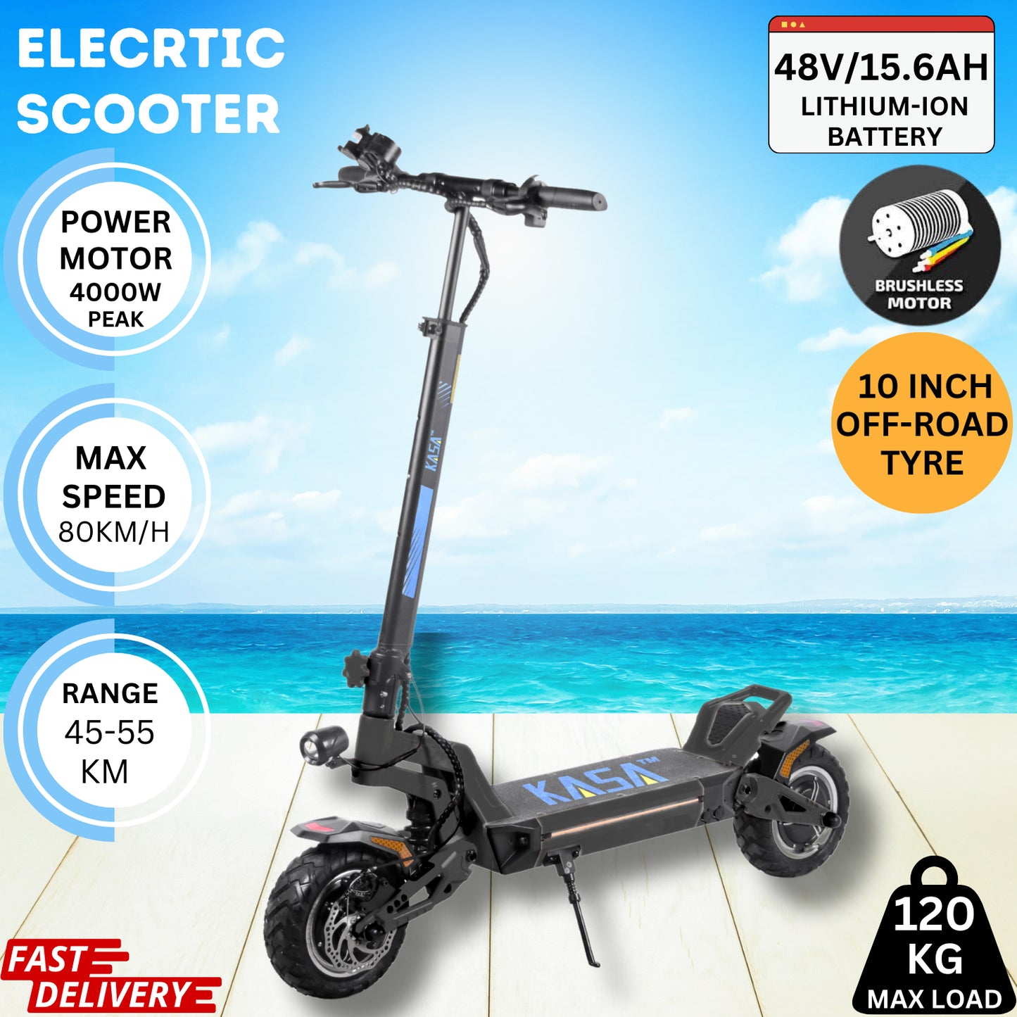 Kasa 4000W Electric Scooter Foldable E-Scooter 10" Off Road Tyre Brushless Motor