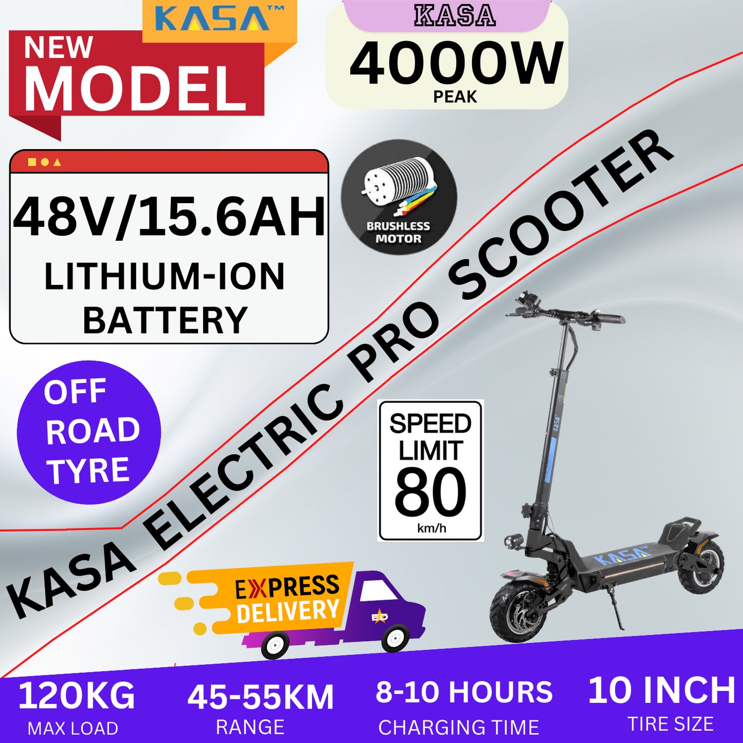 Kasa 4000W Electric Scooter Foldable E-Scooter 10" Off Road Tyre Brushless Motor