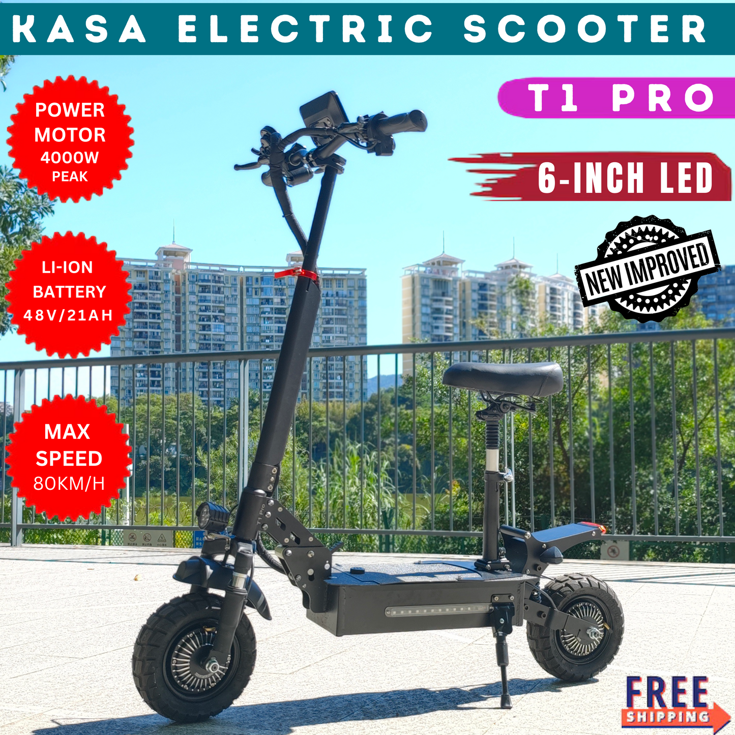 Kasa 4000w Electric Scooter Foldable 48v Motorised Portable 10" Off Road Tyre Removeable Battery T1pro Series 3 New Improved