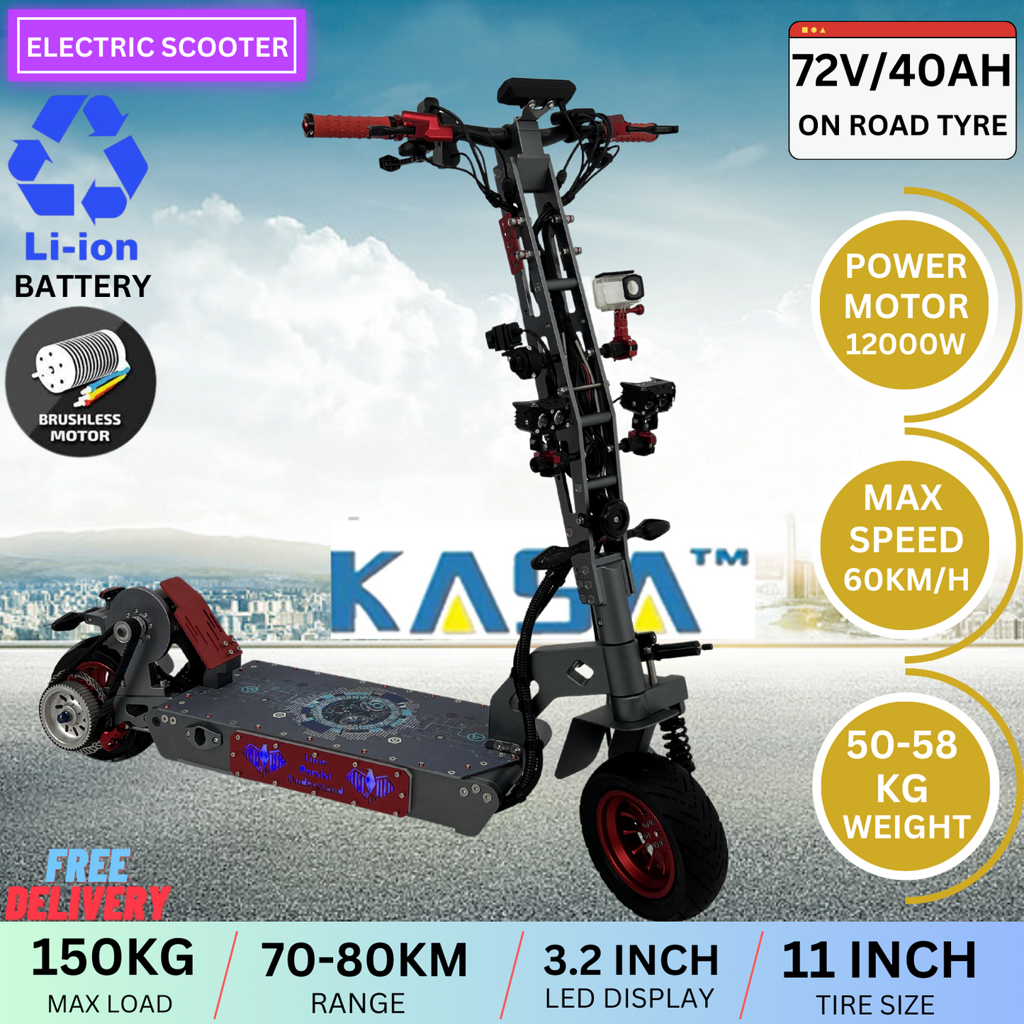 Kasa 12000W Electric Scooter Foldable E-Scooter 11" Off Road Tyre Brushless Motor