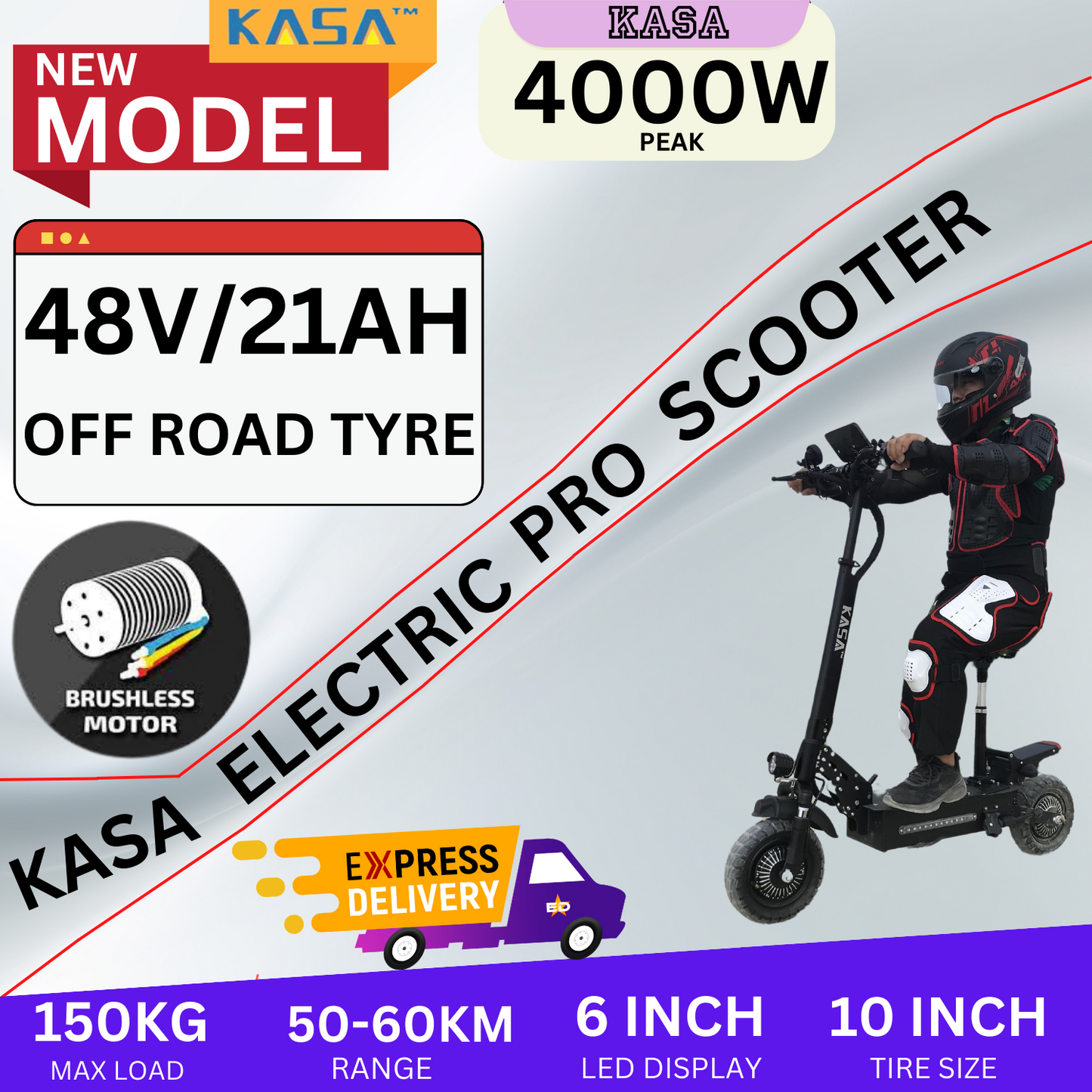 Kasa 4000W Electric Scooter Foldable Powerful 48V 21Ah Lithium Ion Battery 10" Off Road Tyre Brushless Motor