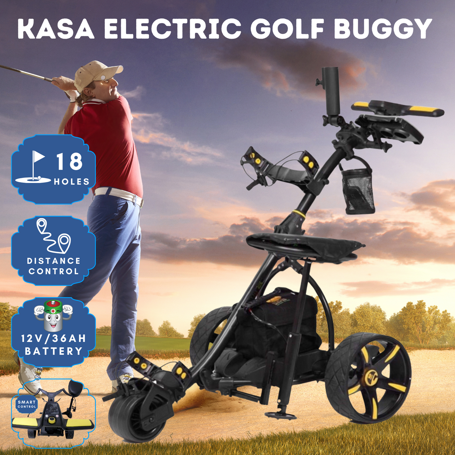 KASA Electric Golf Buggy Golf Trolley Motorised 12V 36AH Remote Control Aluminum Foldable 18 Holes Caddy