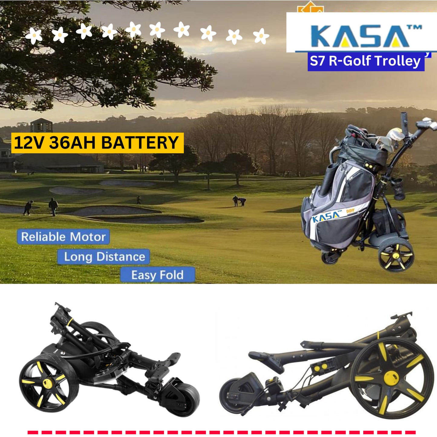 KASA Electric Golf Buggy Golf Trolley Motorised 12V 36AH Remote Control Aluminum Foldable 18 Holes Caddy