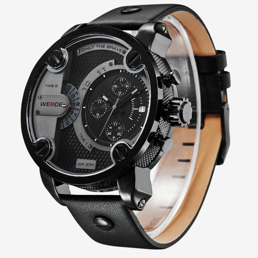 BLACK - BLACK UNISEX QUARTZ WEIDE SPORTS WATCH GENUINE LEATHER 30M WATERPROOF