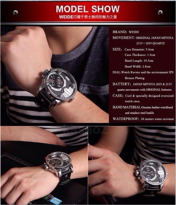 BLACK - BLACK UNISEX QUARTZ WEIDE SPORTS WATCH GENUINE LEATHER 30M WATERPROOF