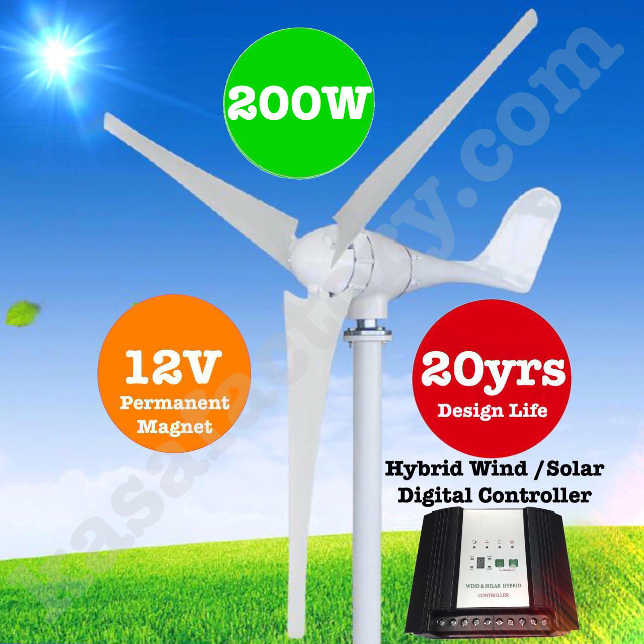 200W Wind Turbine Generator 3 Blade Digital Hybrid Wind/Solar Controller