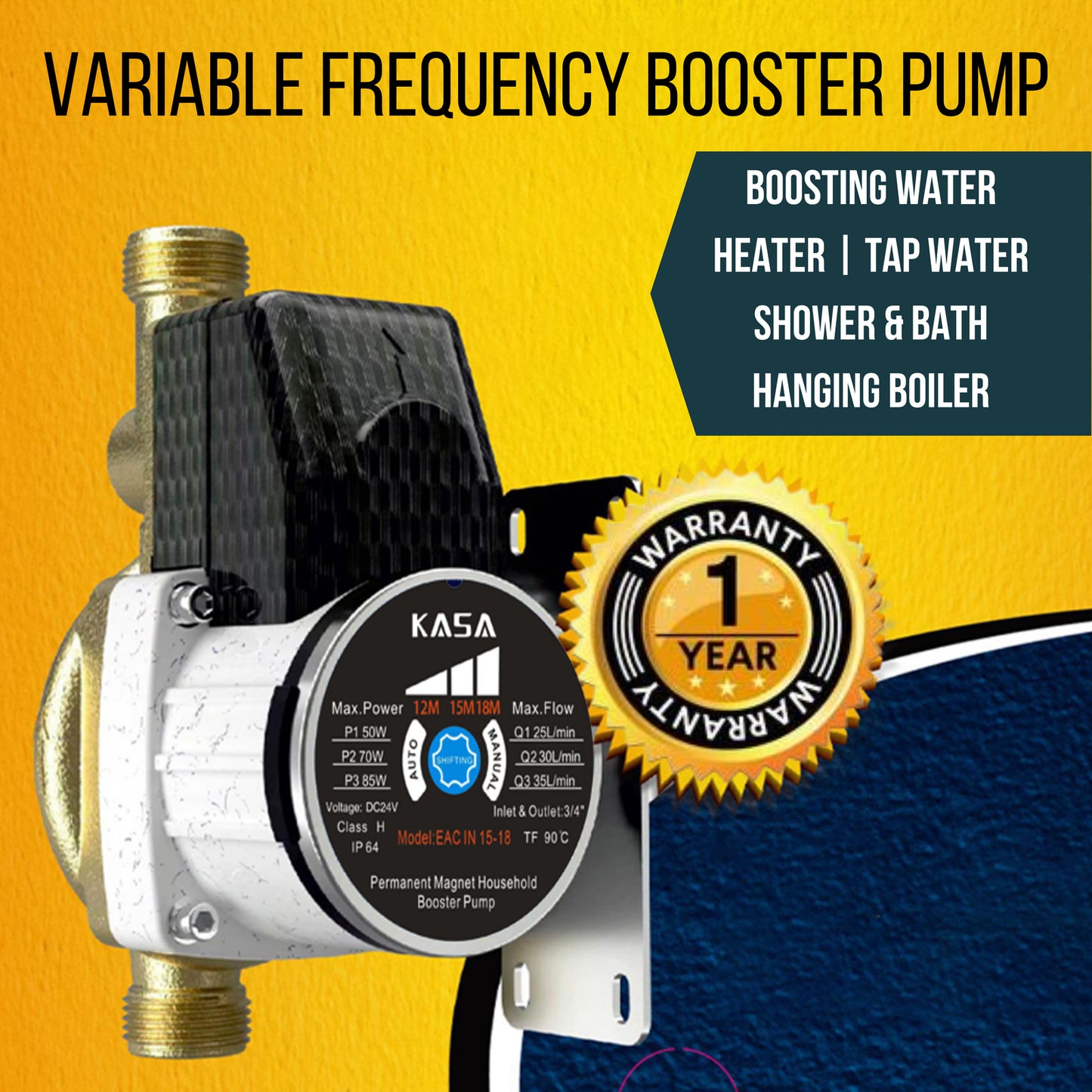 Kasa Water Booster House Pump Solar 24V DC High-Pressure Variable 3 Speed Heater Shower Automatic