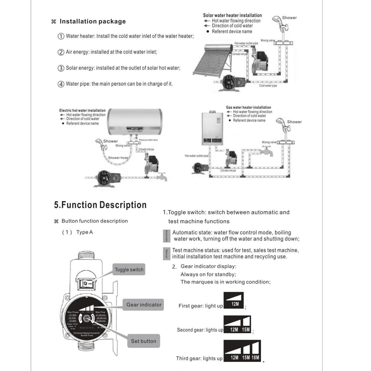 Kasa Water Booster House Pump Solar 24V DC High-Pressure Variable 3 Speed Heater Shower Automatic