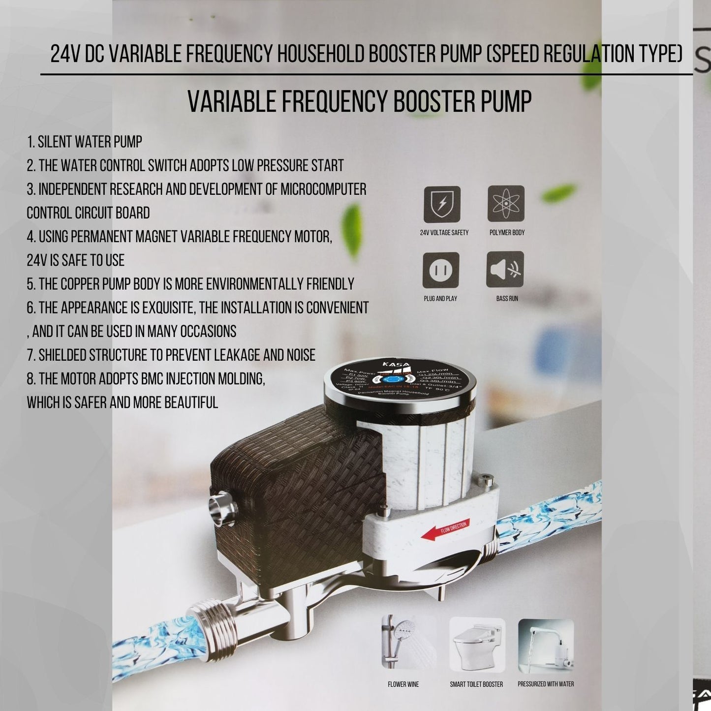 Kasa Water Booster House Pump Solar 24V DC High-Pressure Variable 3 Speed Heater Shower Automatic
