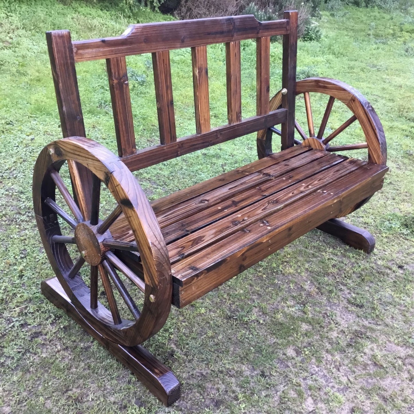Outdoor Wooden Garden Bench Seat Wagon Wheel Chair