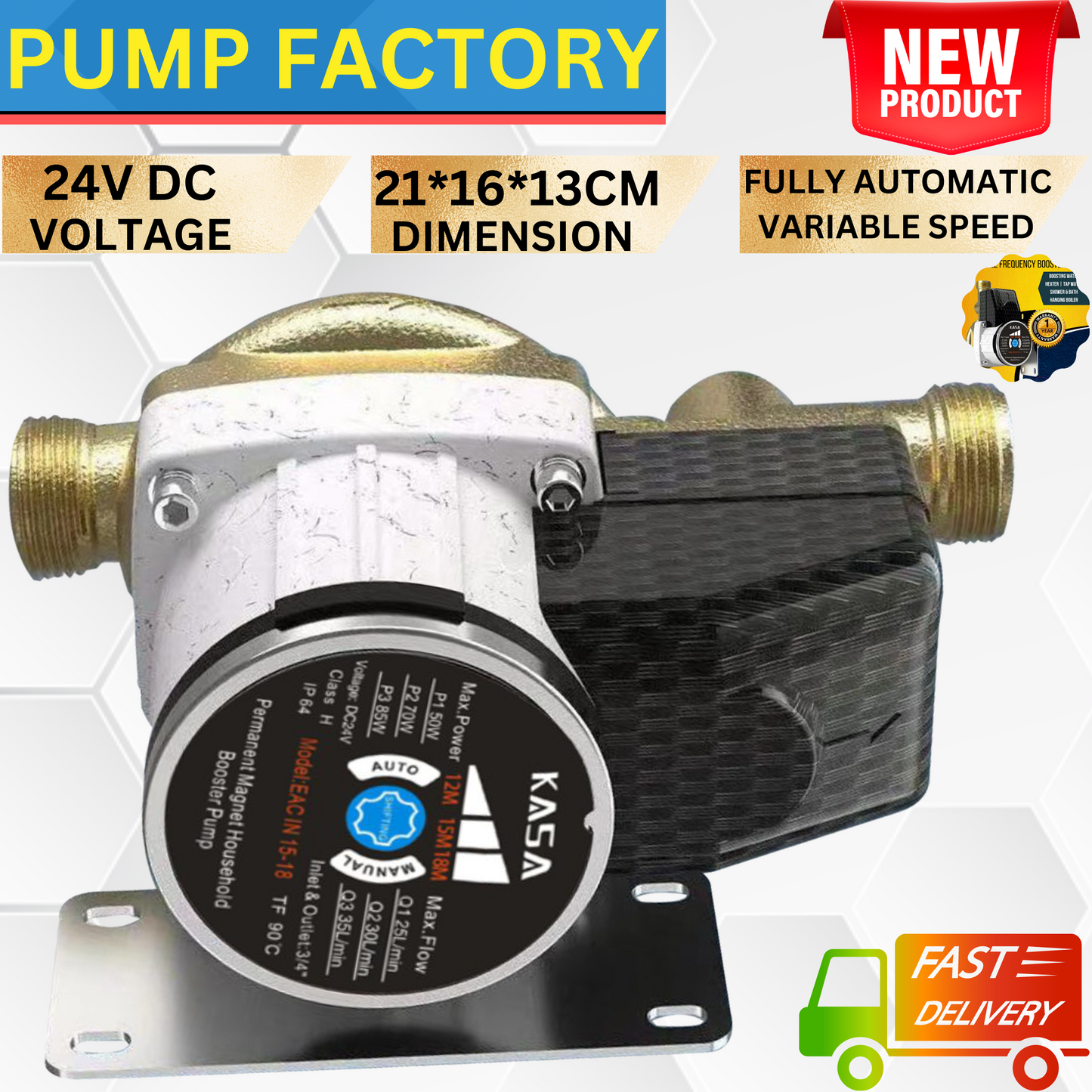 Kasa Water Booster House Pump Solar 24V DC High-Pressure Variable 3 Speed Heater Shower Automatic