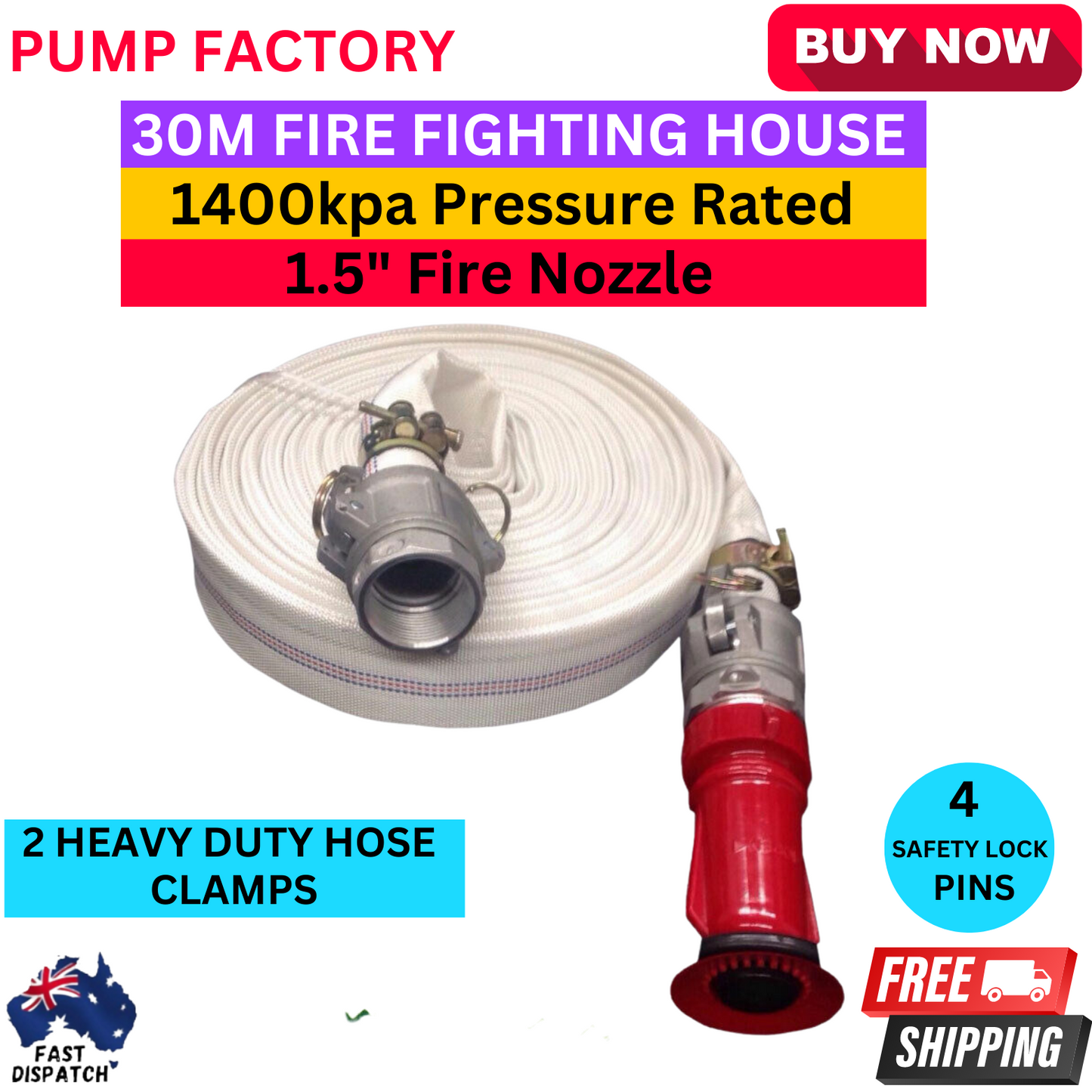 KASA FIRE FIGHTING HOSE 30m 1.5" Fire Nozzle Lay Flat CAMLOCK ADJUSTABLE NOZZLE