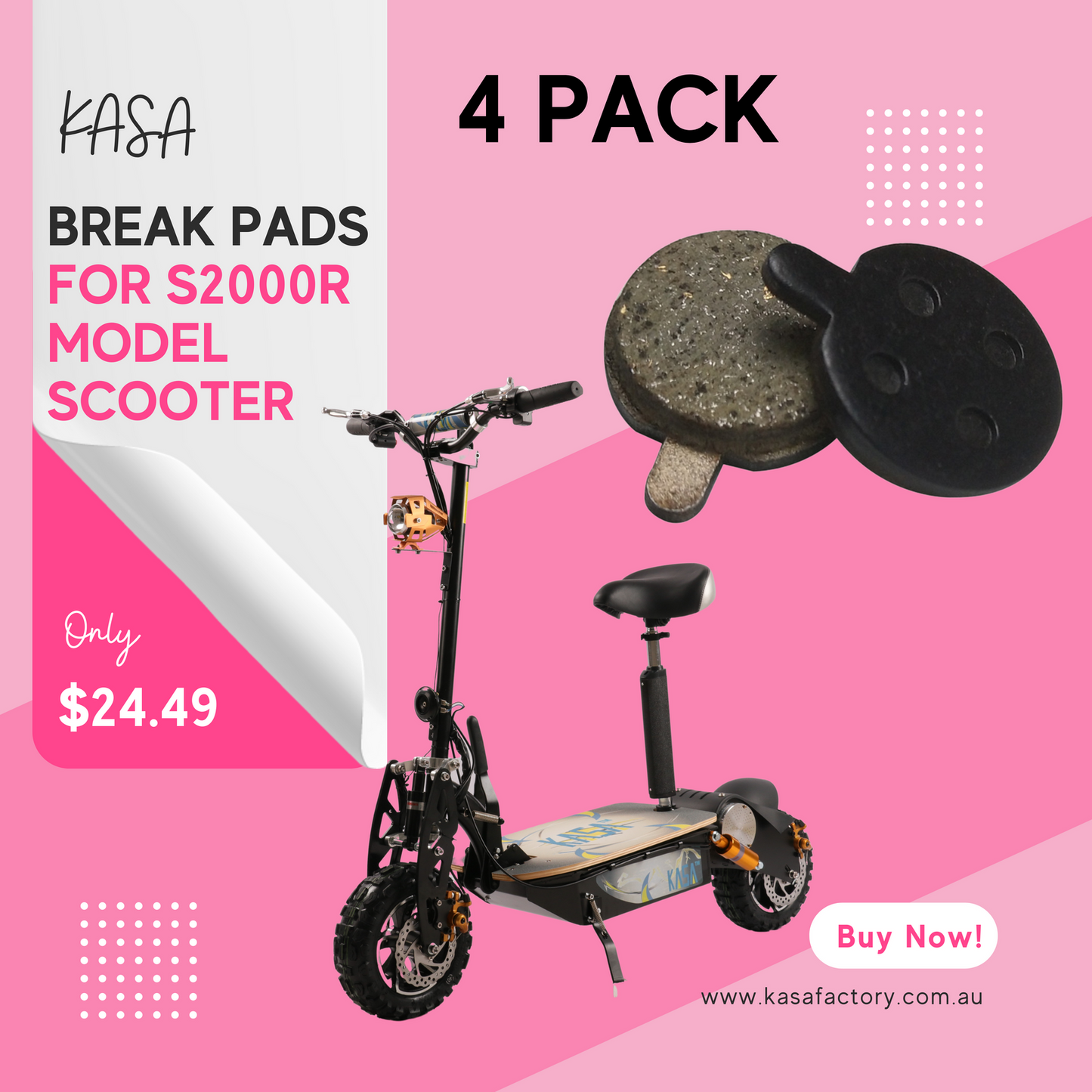2 Pair Brake Pads Replacement For KASA 2000W Electric Scooter S2000R Front & Rear Wheel Disc Brake 4 Pads