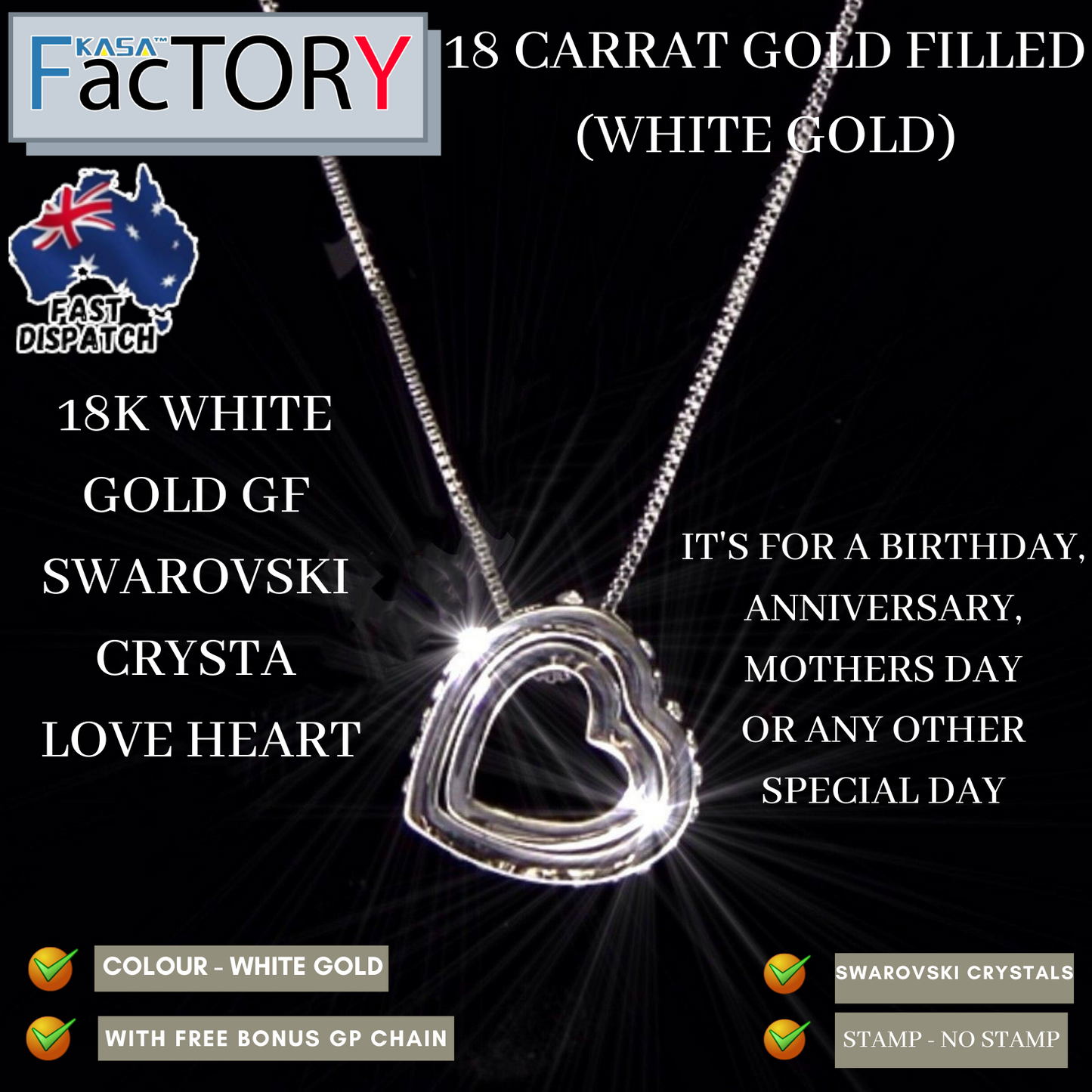 18K WHITE GOLD GF SWAROVSKI CRYSTAL LOVE HEART PENDANT NECKLACE FREE CHAIN BAG