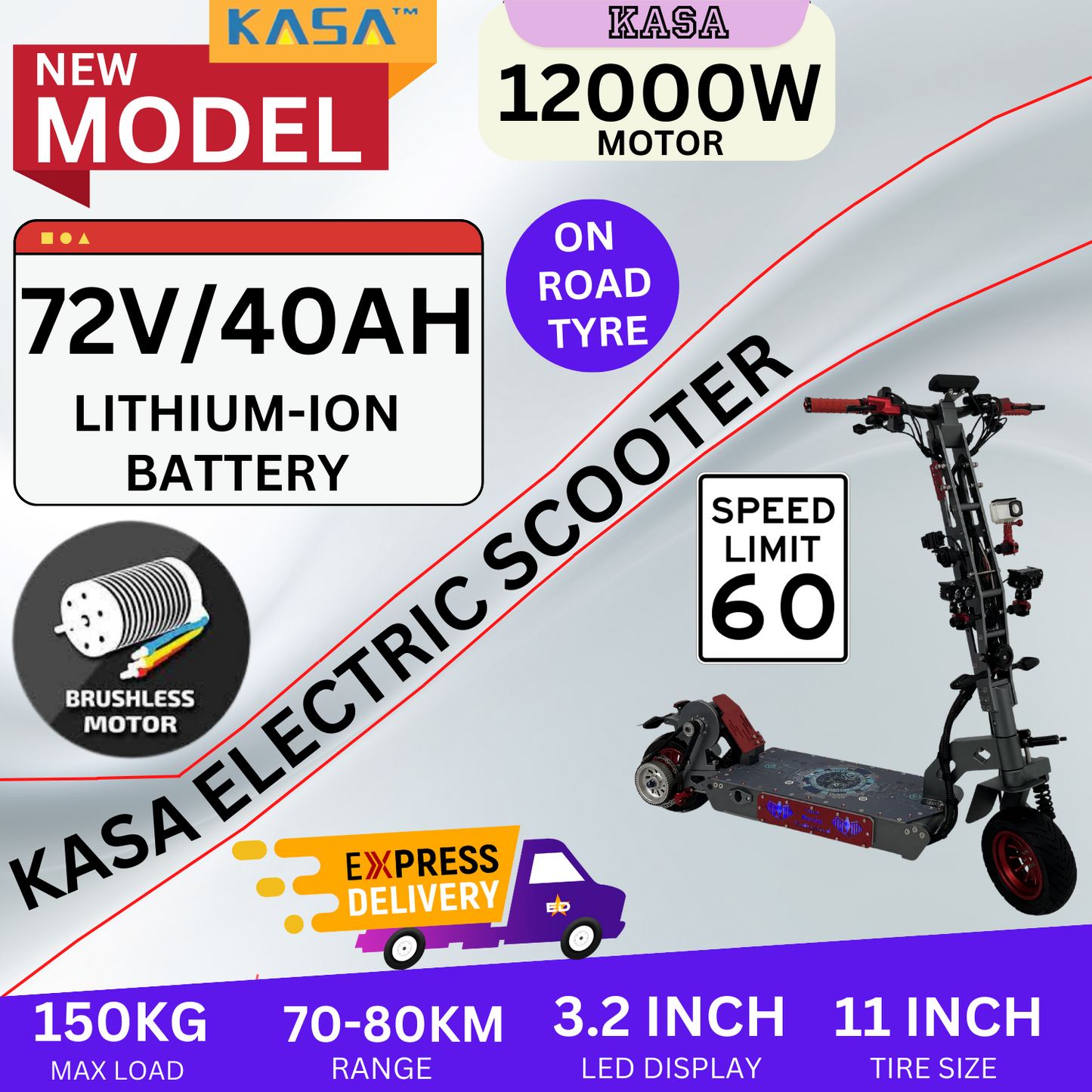 Kasa 12000W Electric Scooter Foldable E-Scooter 11" Off Road Tyre Brushless Motor