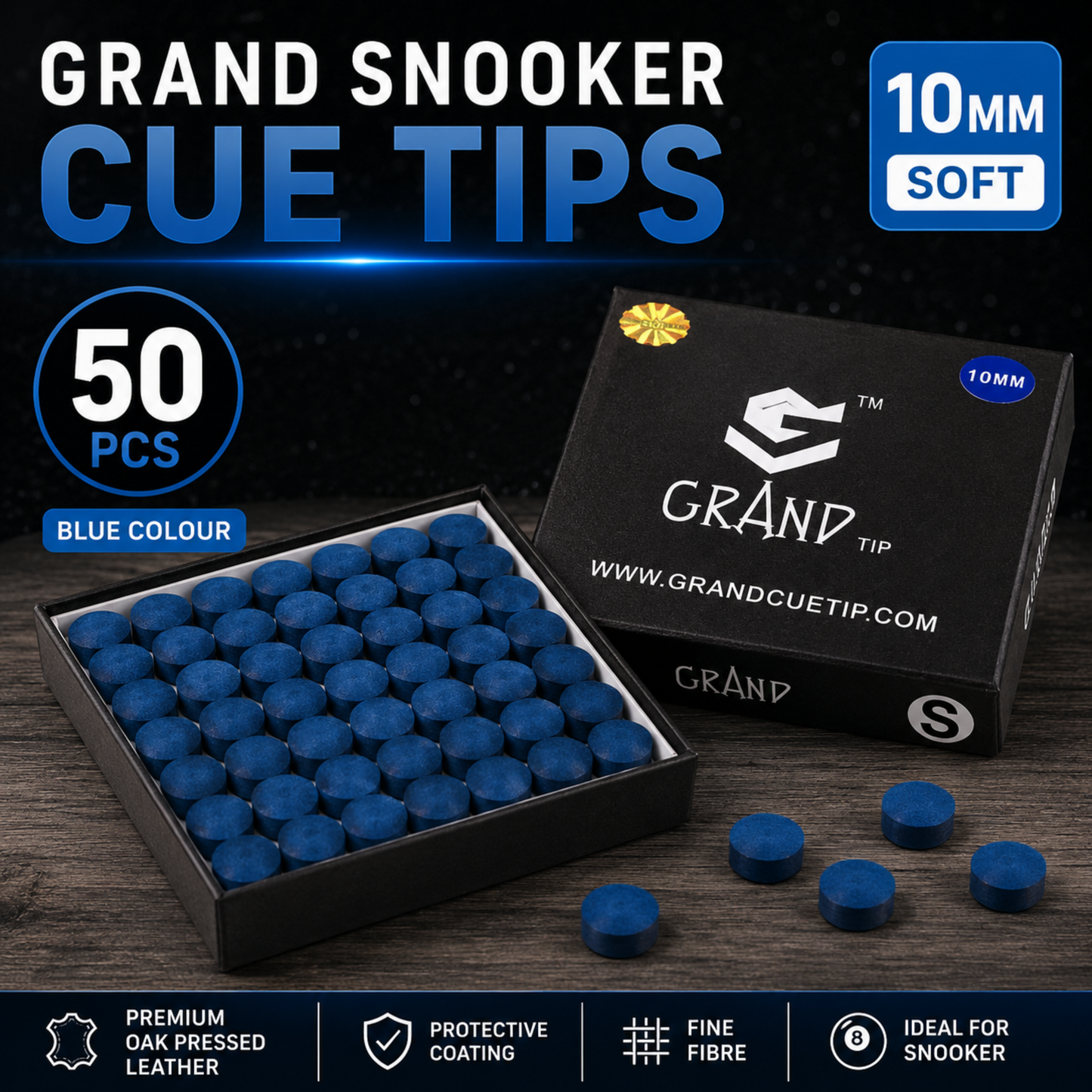 Grand Snooker Pool Cue Tips 10mm Soft Box Of 50 Oak Pressed Leather Blue Colour