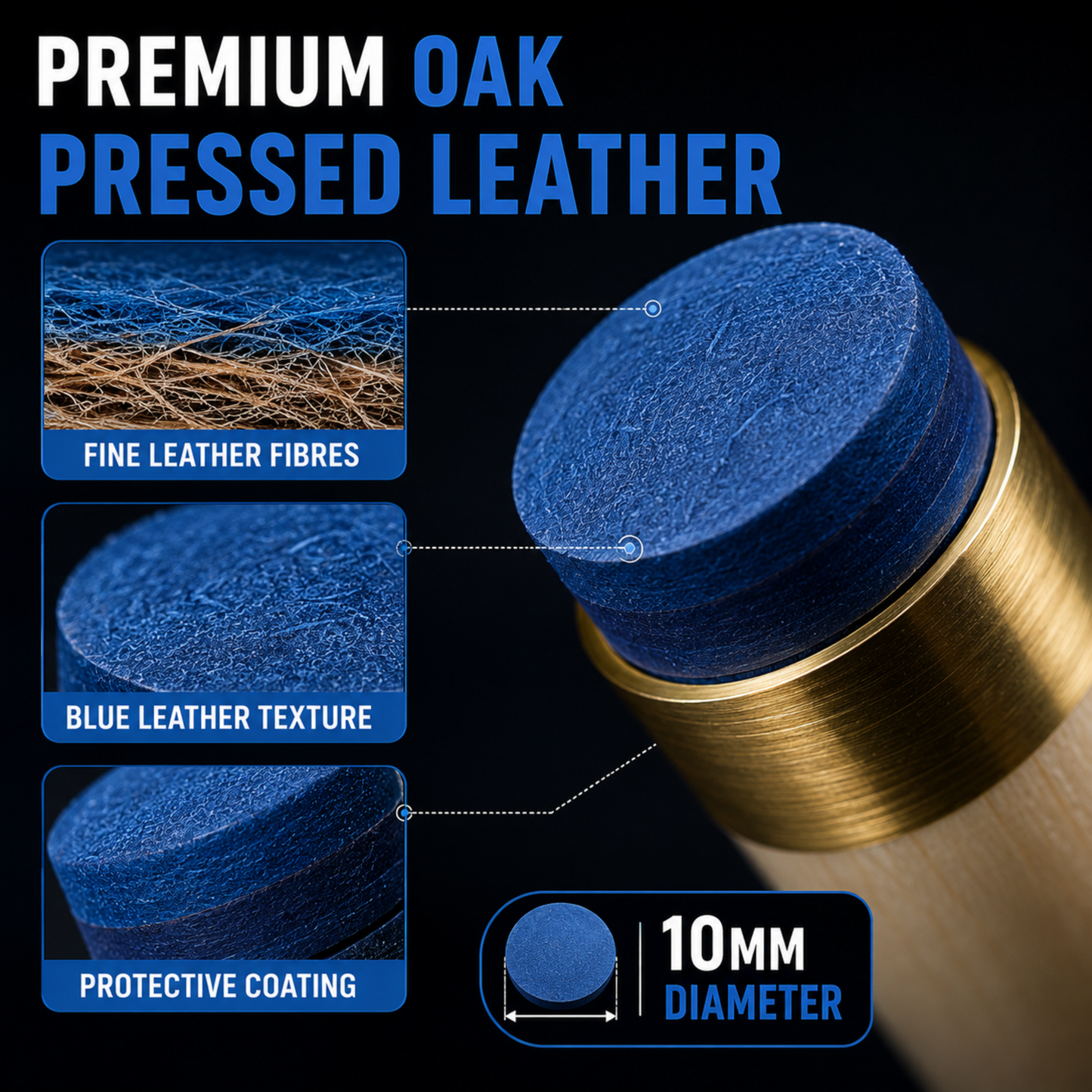 Grand Snooker Pool Cue Tips 10mm Soft Box Of 50 Oak Pressed Leather Blue Colour