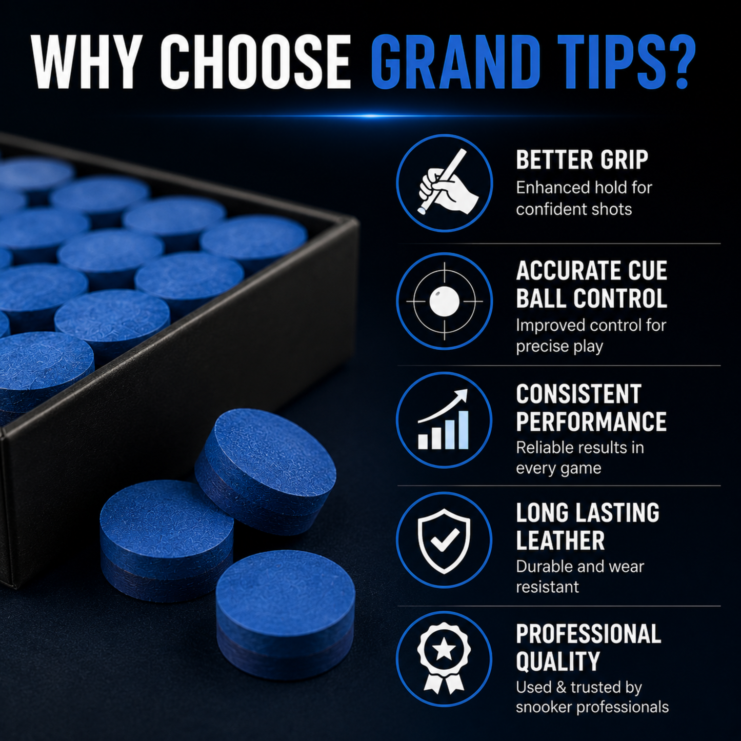 Grand Snooker Pool Cue Tips 10mm Soft Box Of 50 Oak Pressed Leather Blue Colour