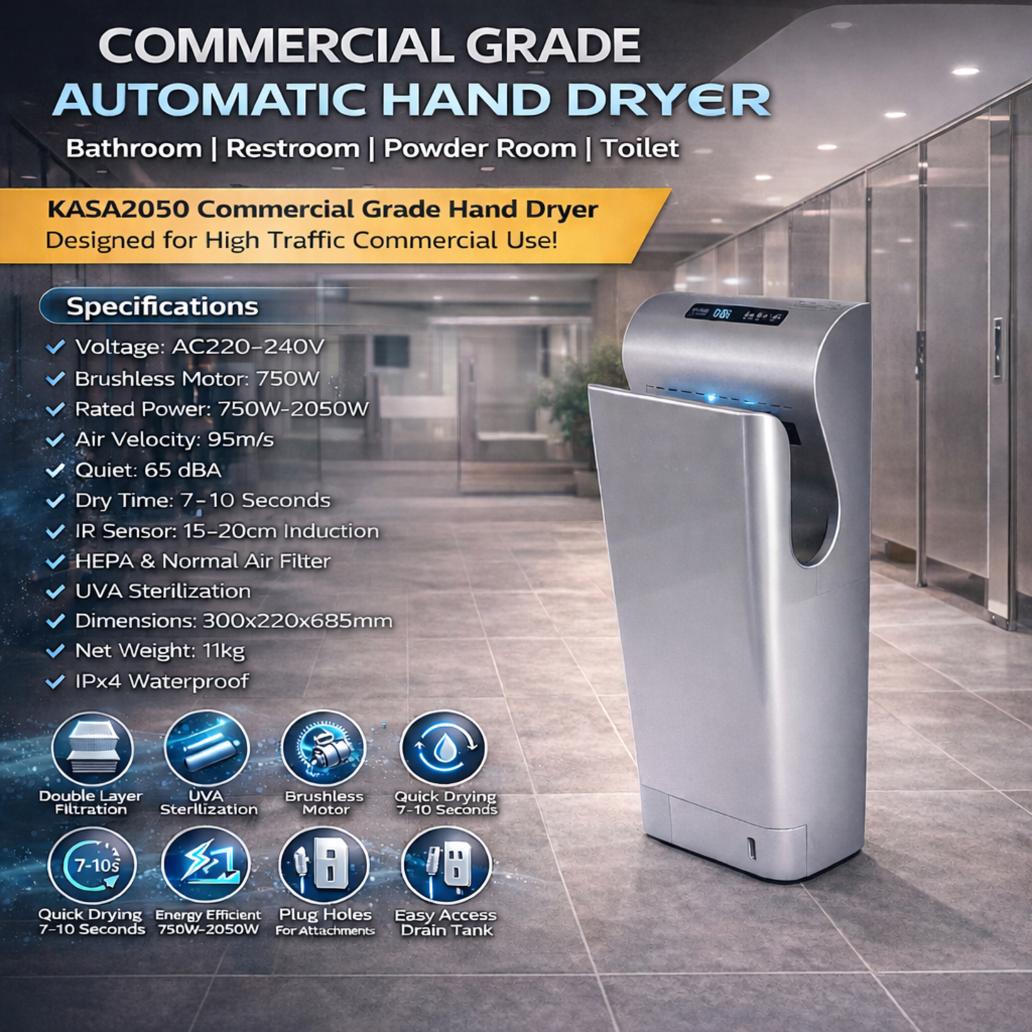 AUTOMATIC HAND DRYER, SILVER, COMMERCIAL GRADE BATHROOM, RESTROOM, TOILET