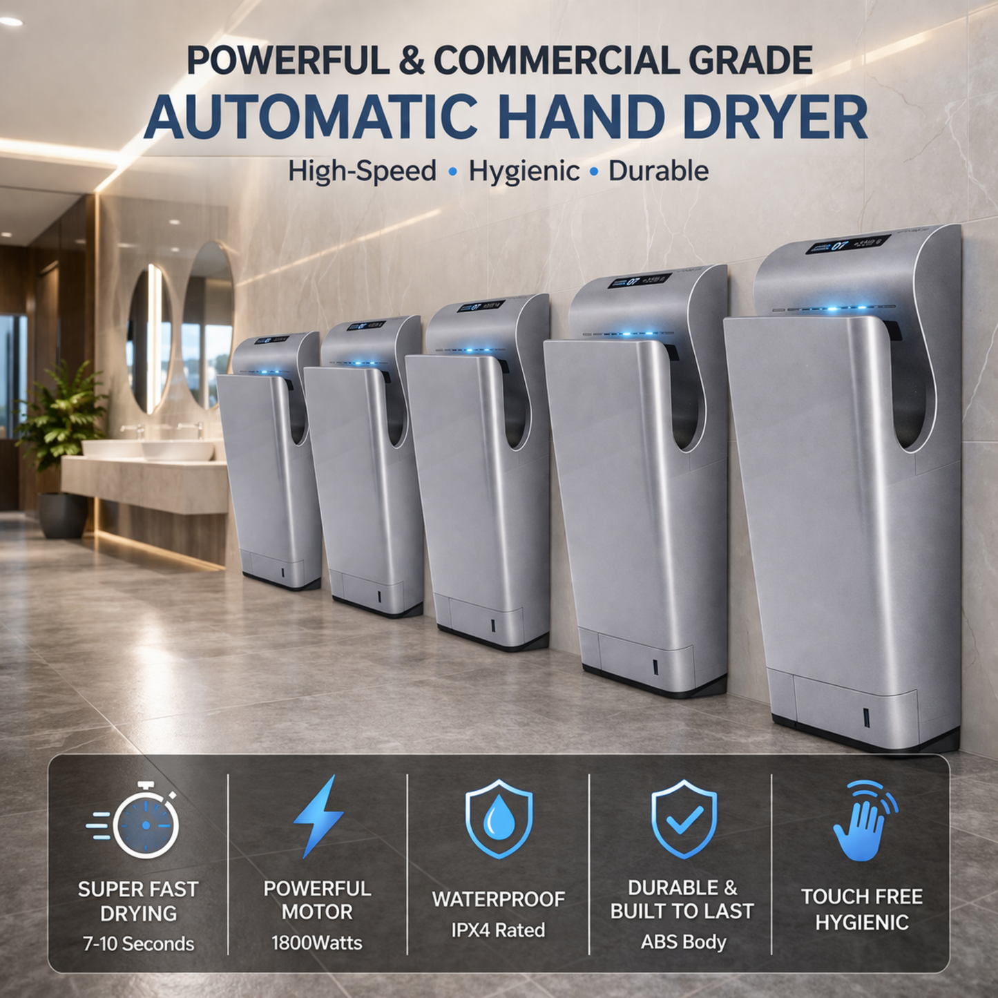 AUTOMATIC HAND DRYER, SILVER, COMMERCIAL GRADE BATHROOM, RESTROOM, TOILET