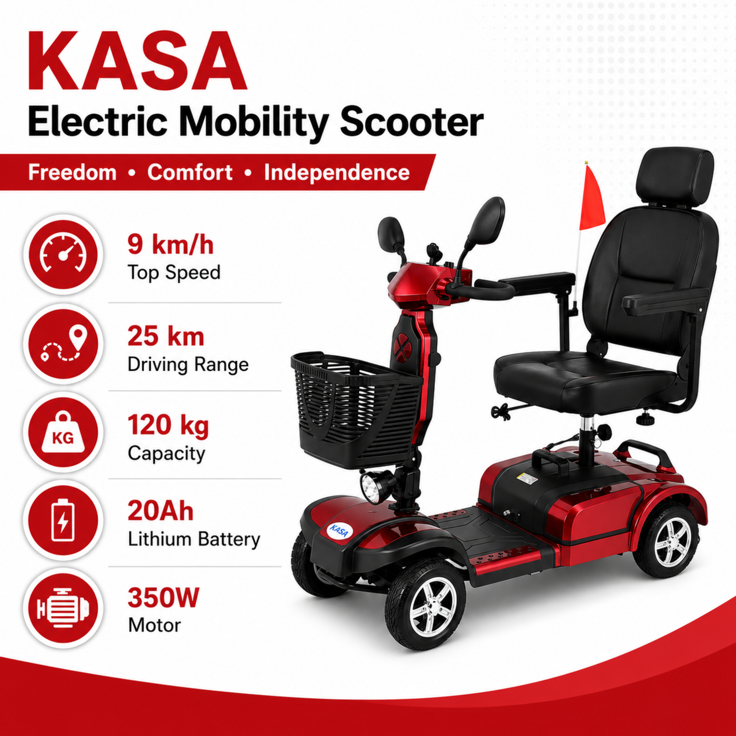 KASA Electric Mobility Scooter Portable 24V 20AH 350W Lithium Battery 10 Inch Tyres Elderly Aid Smart E-Scooter