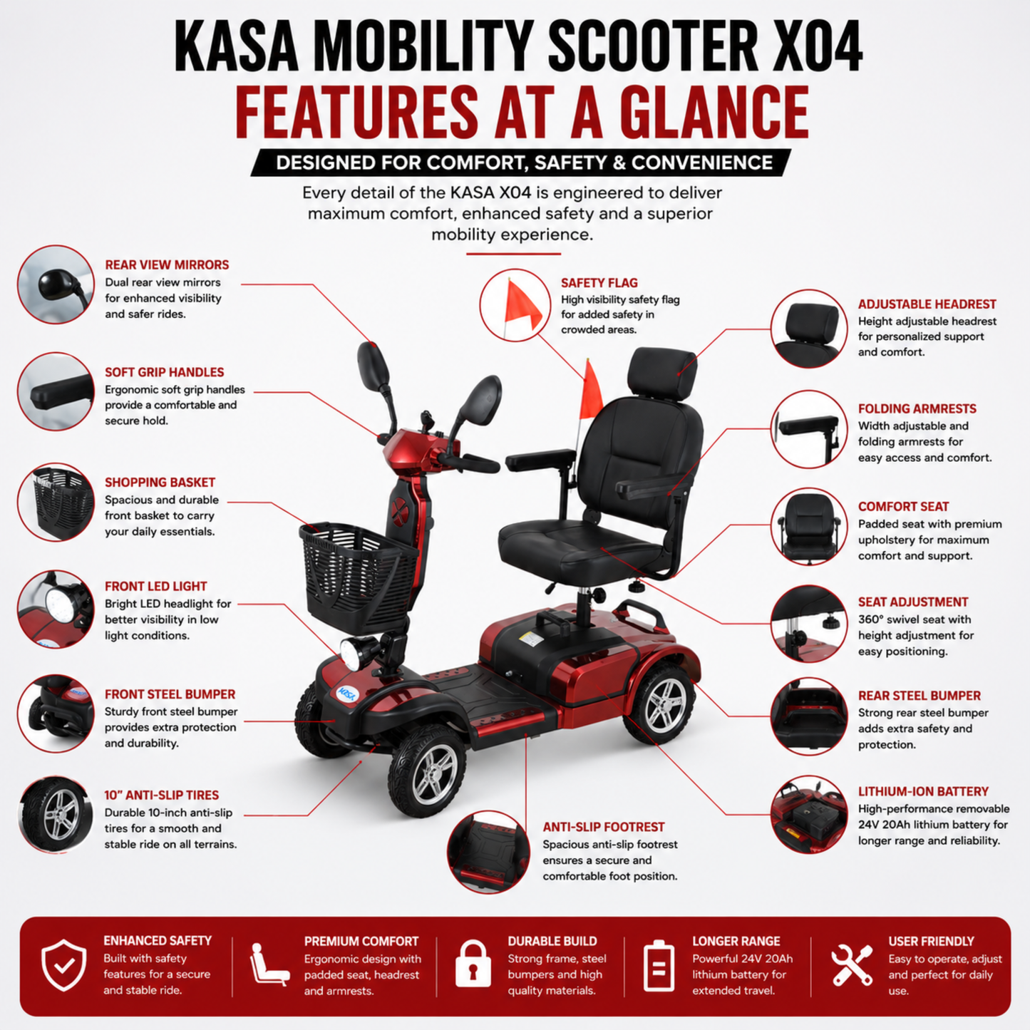 KASA Electric Mobility Scooter Portable 24V 20AH 350W Lithium Battery 10 Inch Tyres Elderly Aid Smart E-Scooter