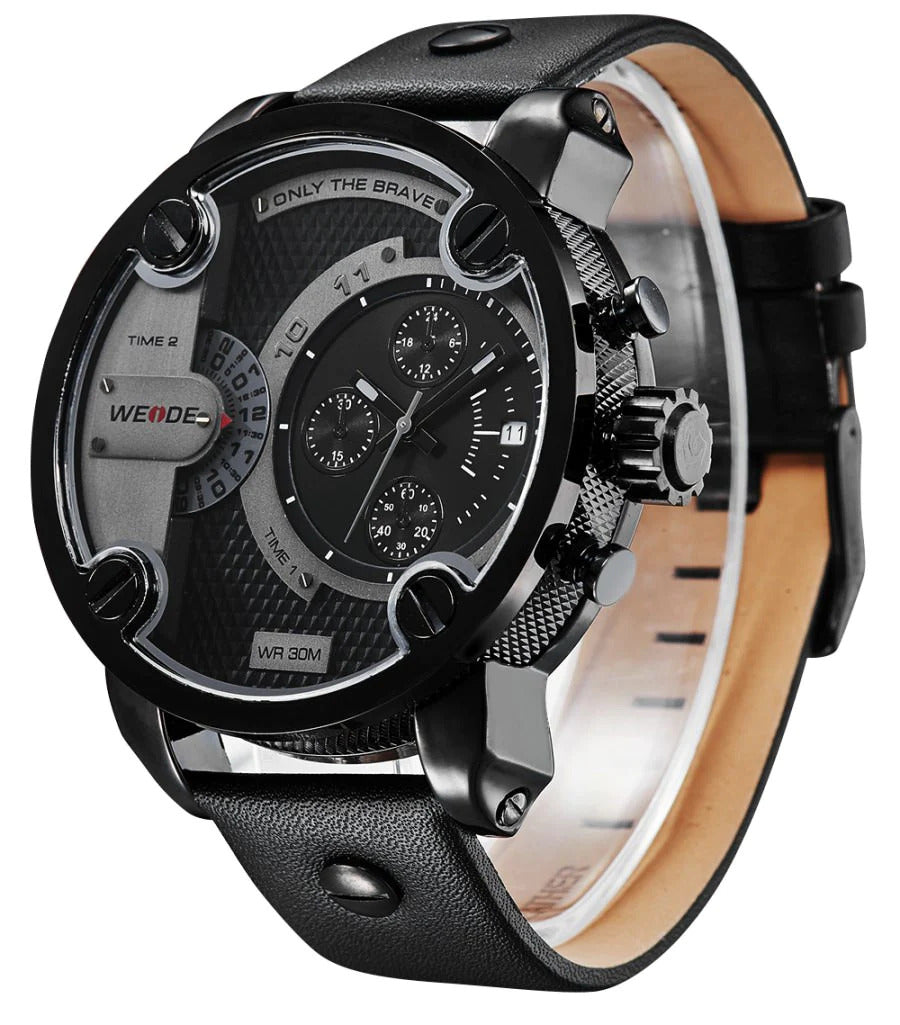 BLACK - BLACK UNISEX QUARTZ WEIDE SPORTS WATCH GENUINE LEATHER 30M WATERPROOF