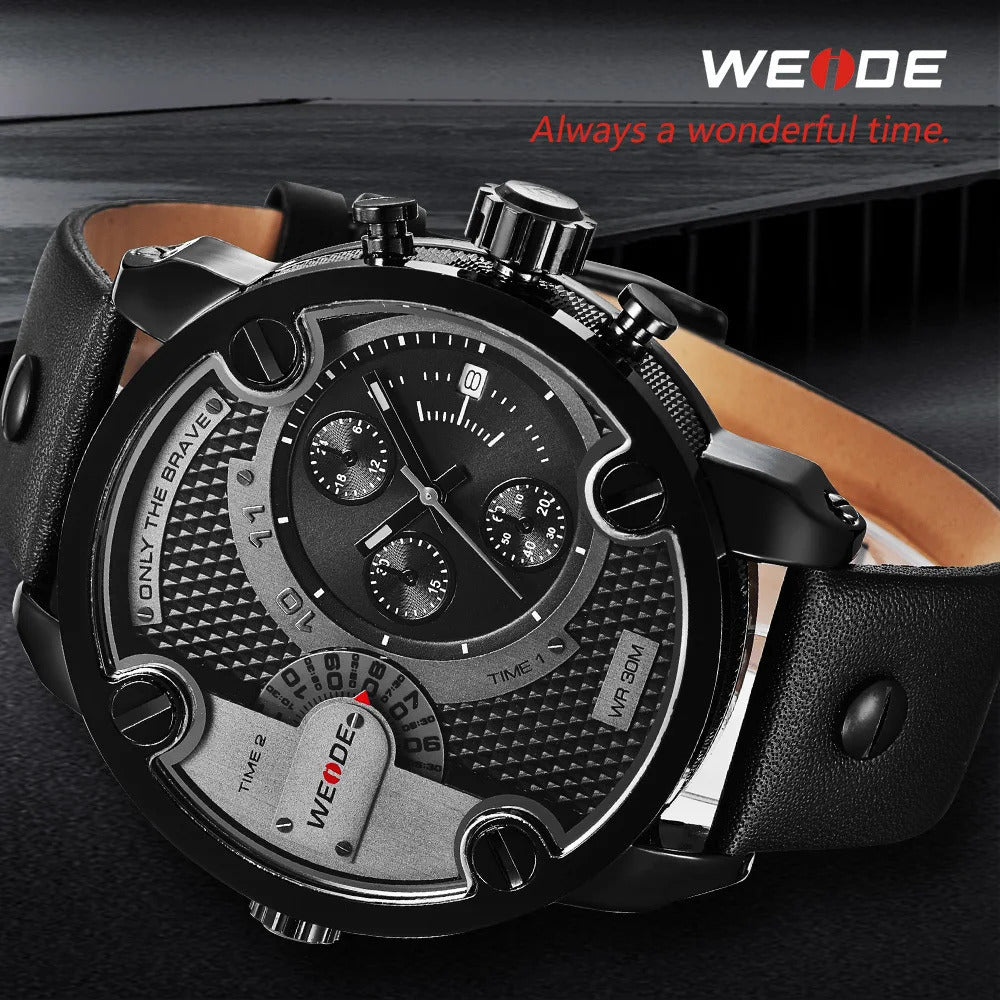 BLACK - BLACK UNISEX QUARTZ WEIDE SPORTS WATCH GENUINE LEATHER 30M WATERPROOF