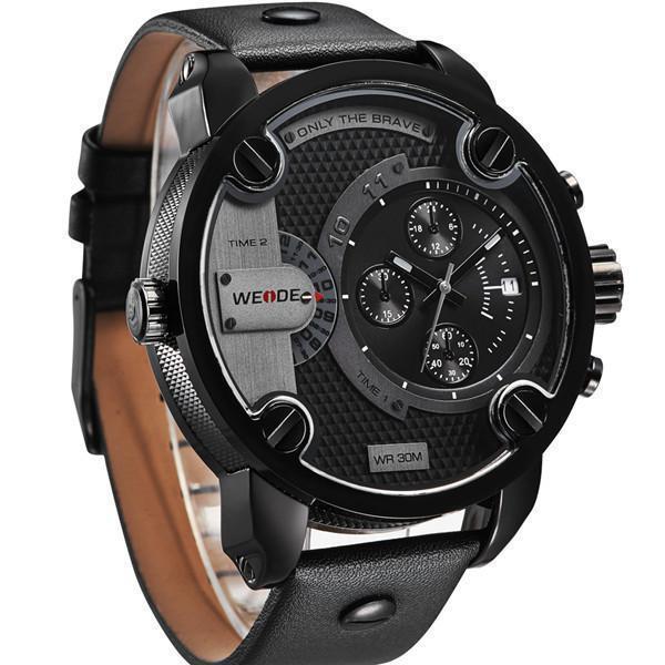 BLACK - BLACK UNISEX QUARTZ WEIDE SPORTS WATCH GENUINE LEATHER 30M WATERPROOF