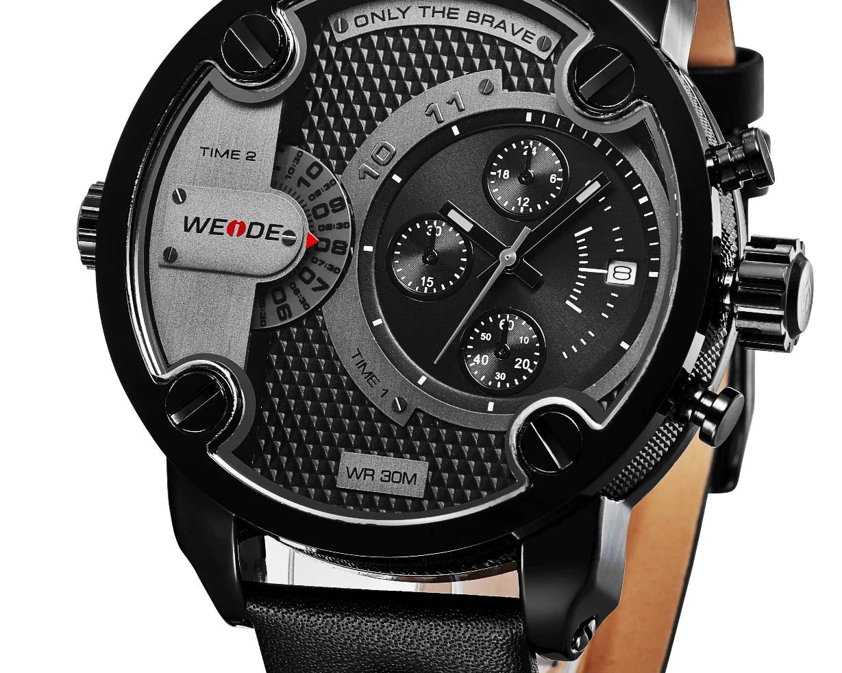 BLACK - BLACK UNISEX QUARTZ WEIDE SPORTS WATCH GENUINE LEATHER 30M WATERPROOF