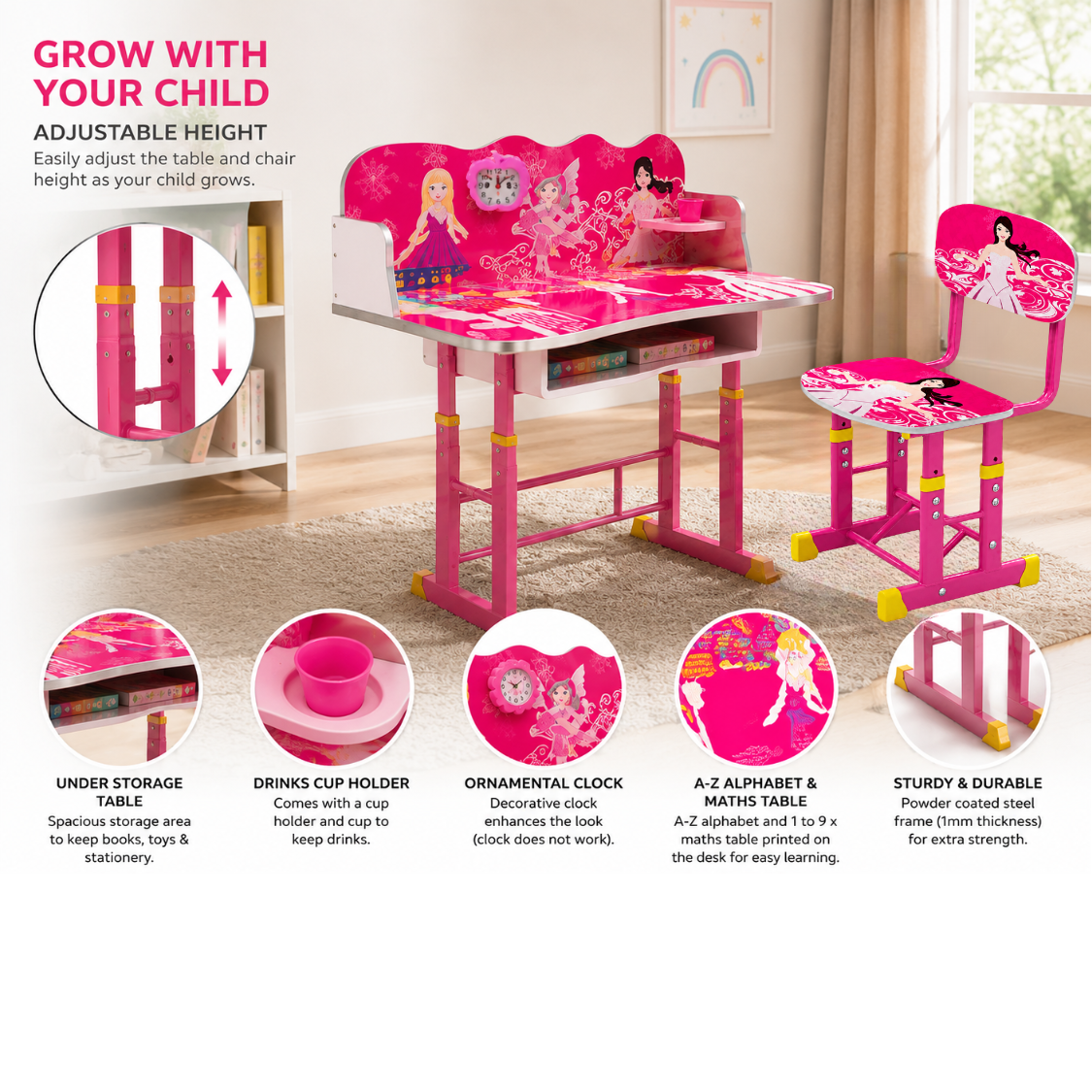 2 PCS Kids Table & Chairs Set Children Activity Play Study Desk Work Learning