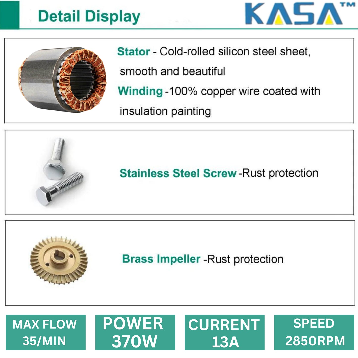Kasa 24v DC Solar Pressure Water Pump Copper Motor Double Impeller 370W fully variable speed