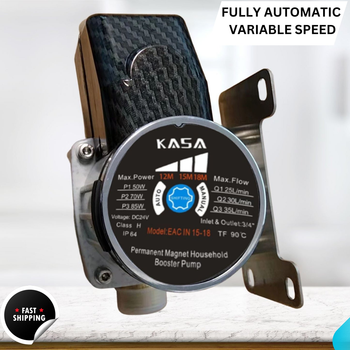 Kasa Water Booster House Pump Solar 24V DC High-Pressure Variable 3 Speed Heater Shower Automatic