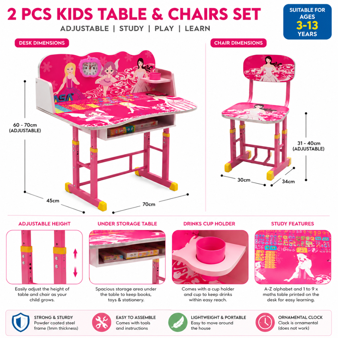 2 PCS Kids Table & Chairs Set Children Activity Play Study Desk Work Learning