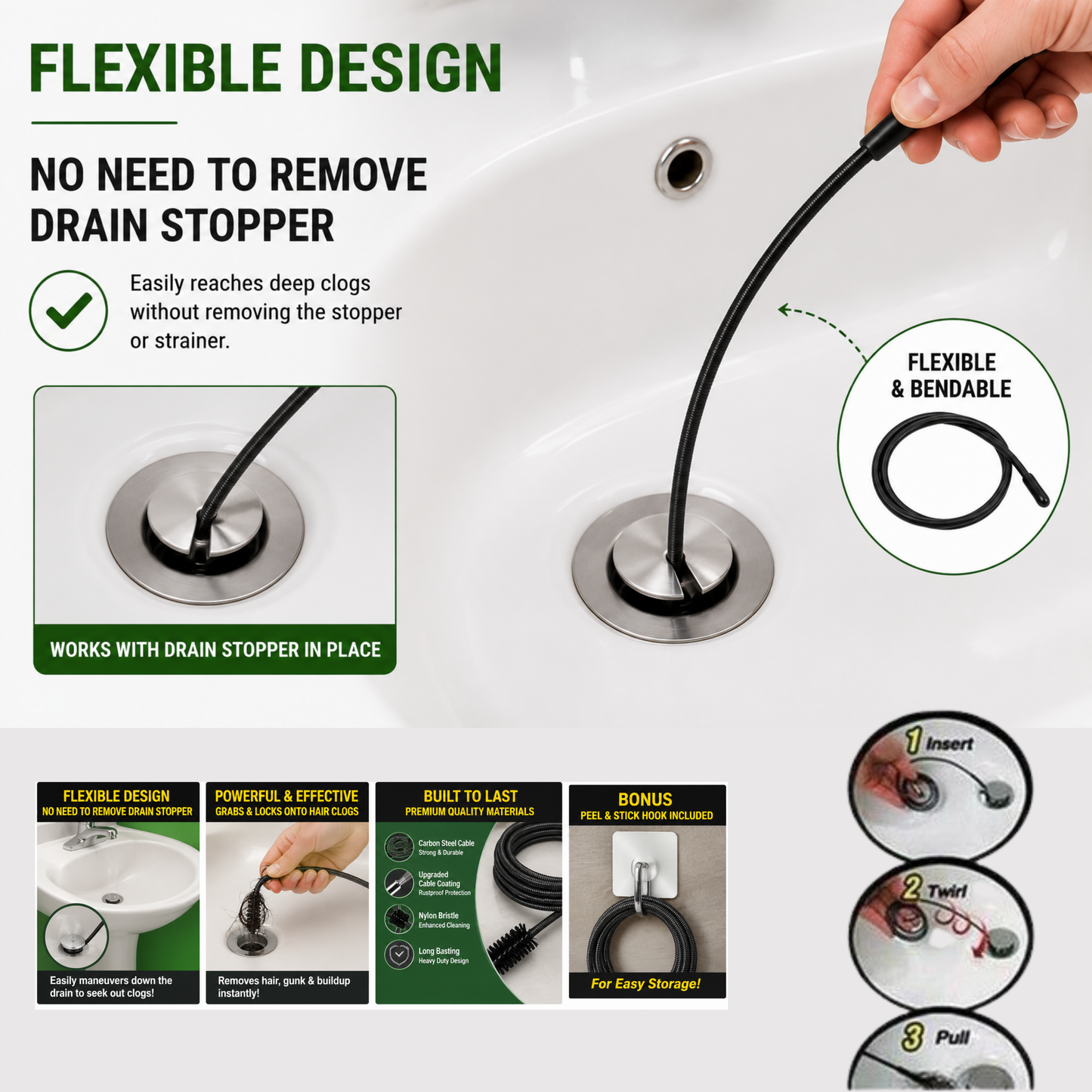 Turbo Snake Unclog Sink Tub Drain Clean Bathroom Hair Remover Kitchen Pipe Tool