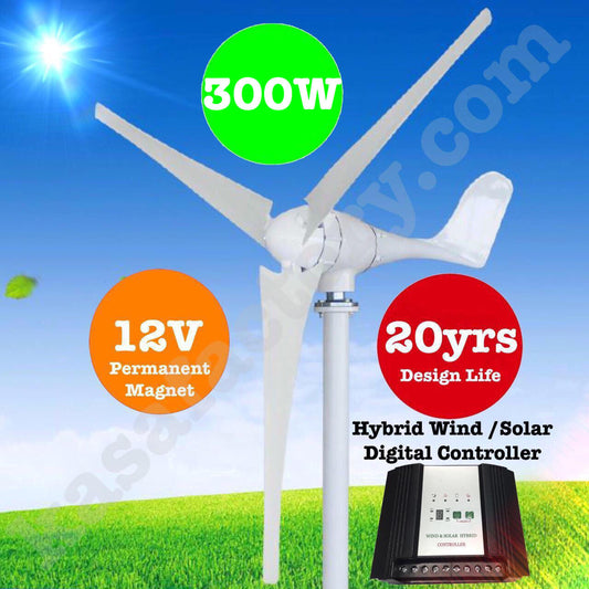 300W 12V Wind Turbine Generator 3 Blade - Digital Hybrid Wind/Solar Controller