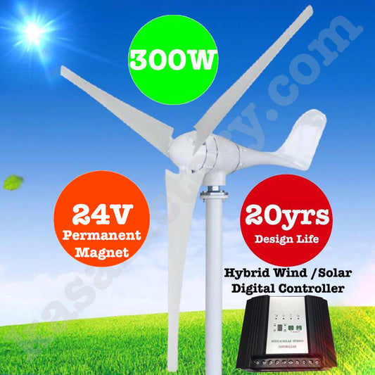 300W 24V Wind Turbine Generator 3 Blade - Digital Hybrid Wind/Solar Controller