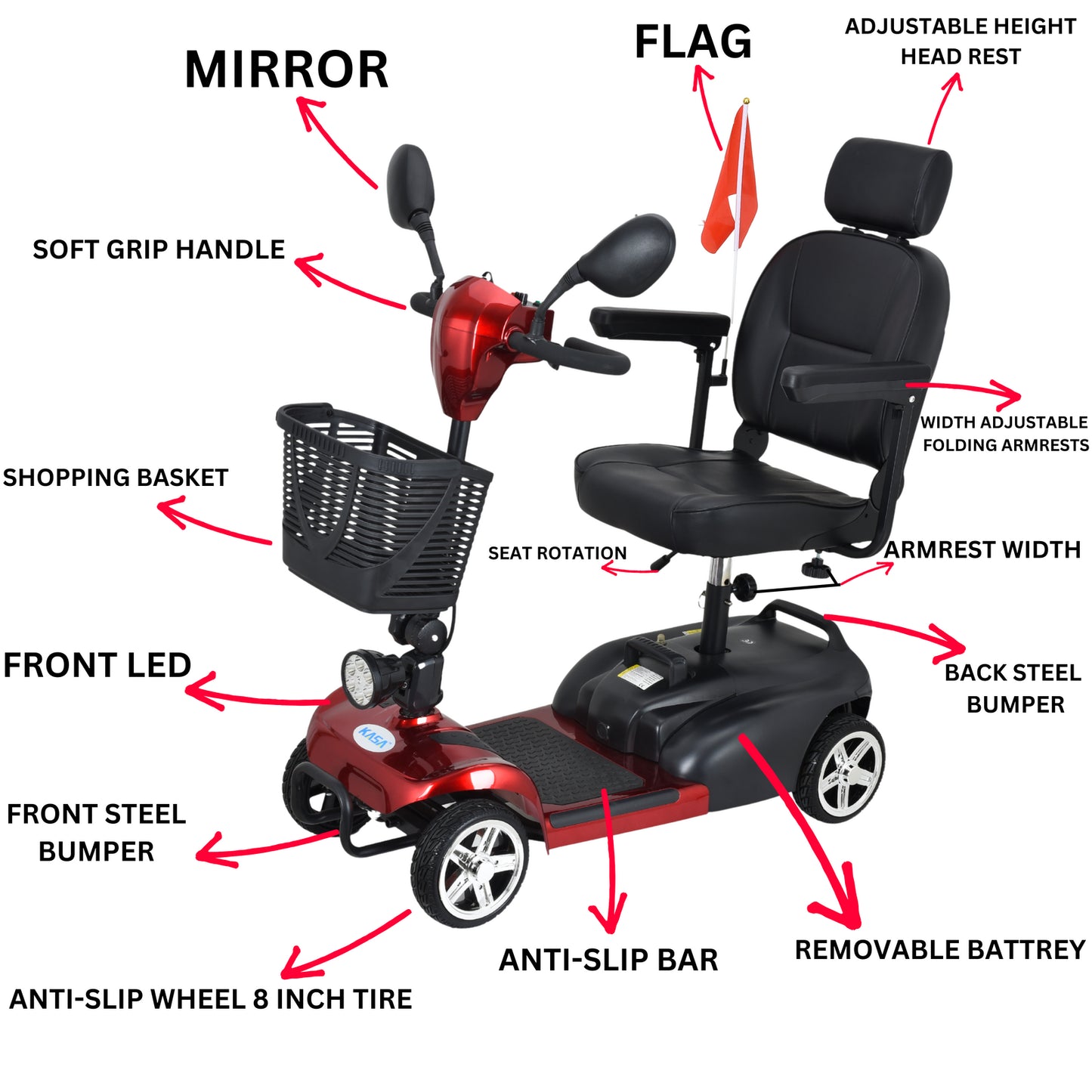 KASA Electric Mobility Scooter Portable 24V 12AH 250W Battery 8 Inch Tyres Elderly Aid Smart E-Scooter