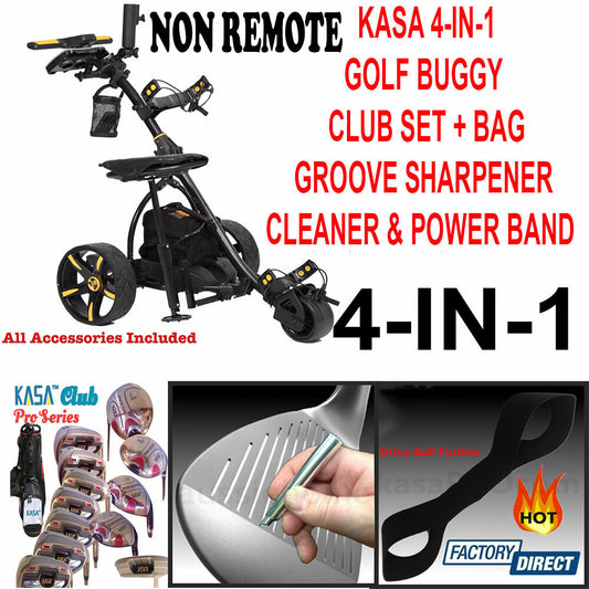 KASA 4-IN-1 Golf Buggy Non Remote & Club Set with Bag & Golf Groove Sharpener Cleaner & Flexible POWER BAND