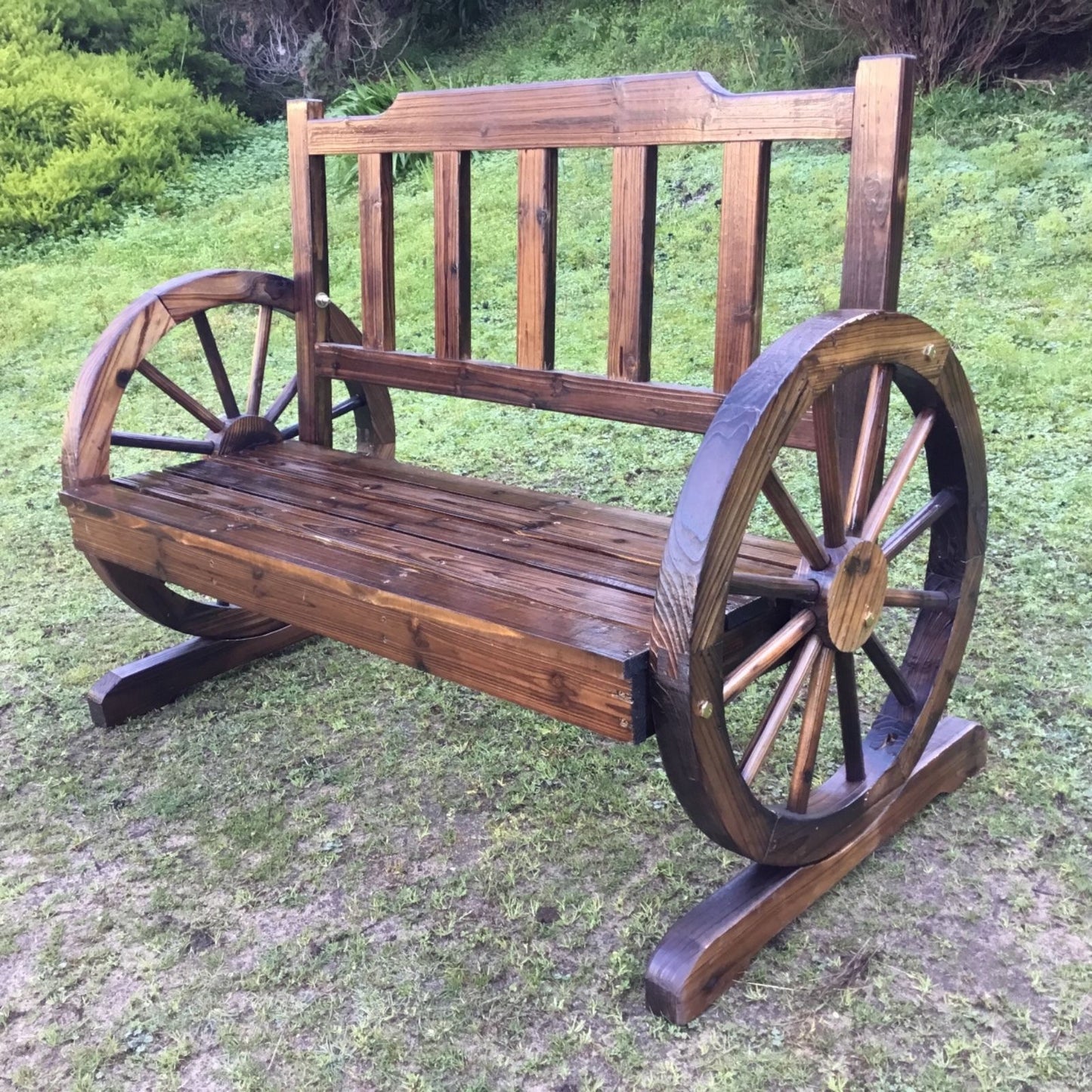 Outdoor Wooden Garden Bench Seat Wagon Wheel Chair