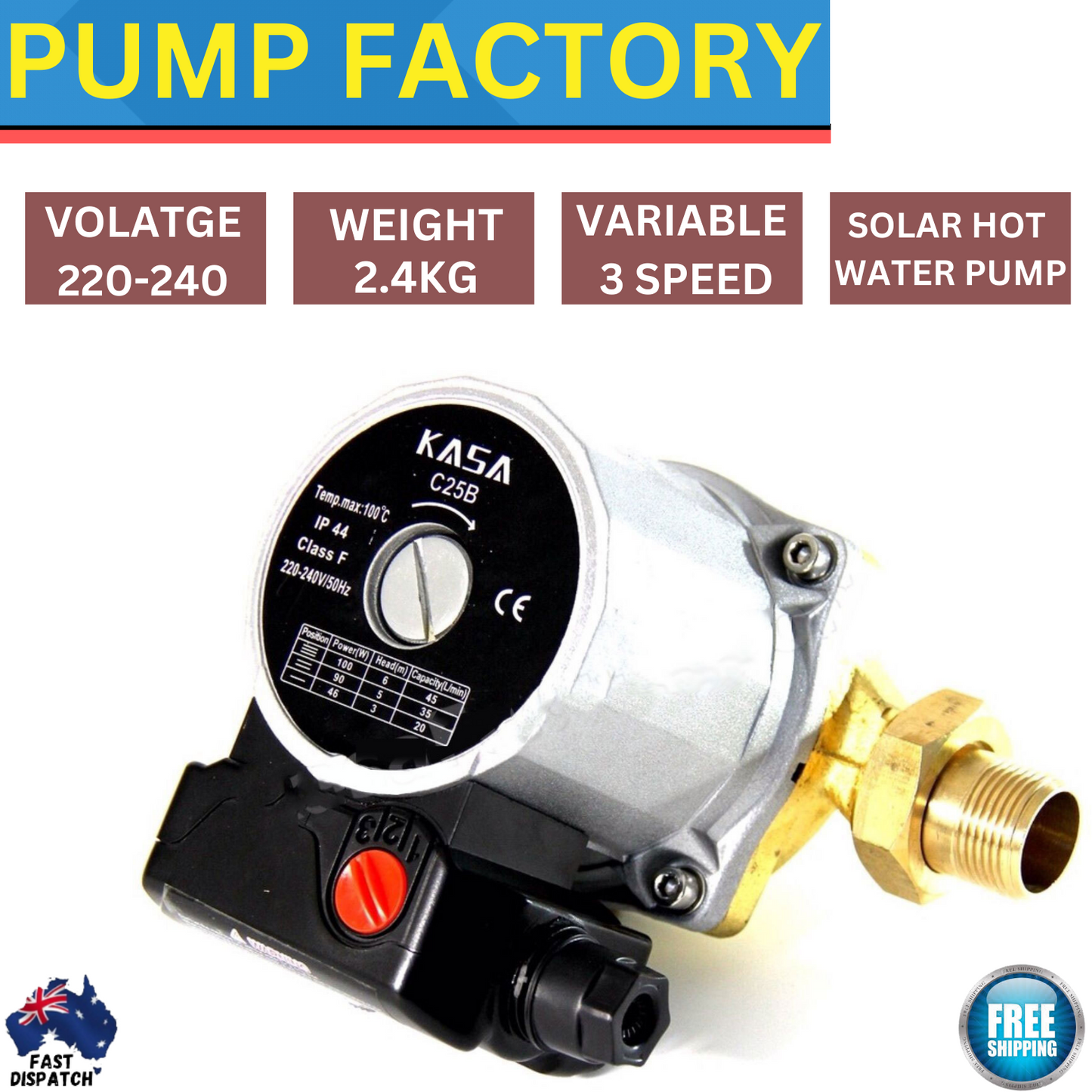 KASA Hot Water Circulation Pump 3 Speed Brass Solar Replaces Grundfos Circulating